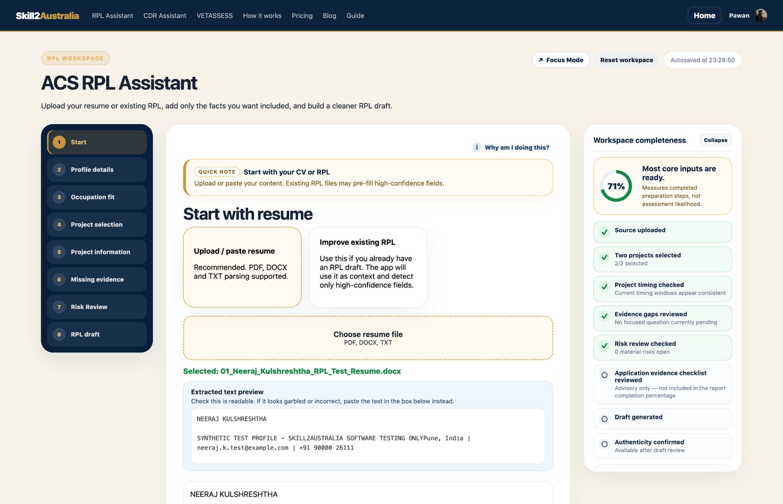 Skill2Australia ACS RPL assistant workspace preview