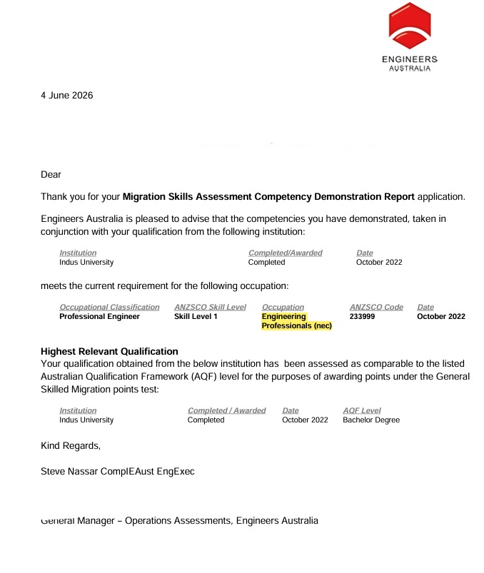 Successful skills assessment outcome example