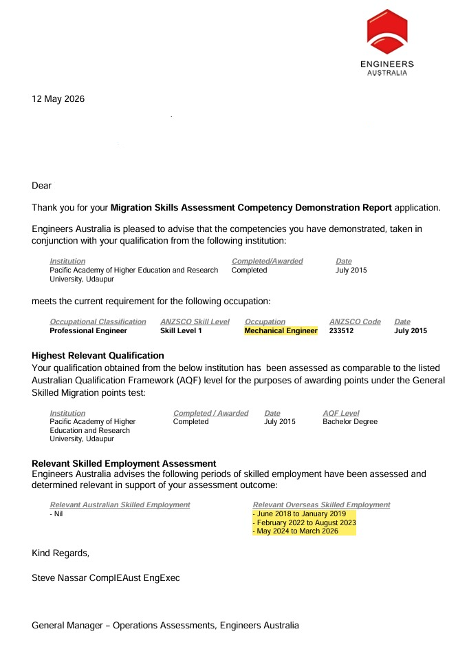 Successful skills assessment outcome example